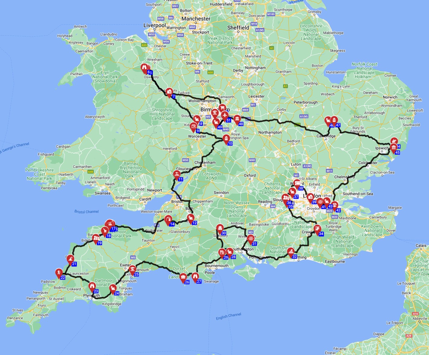 Map for Birmingham Roundtrip - Heading South